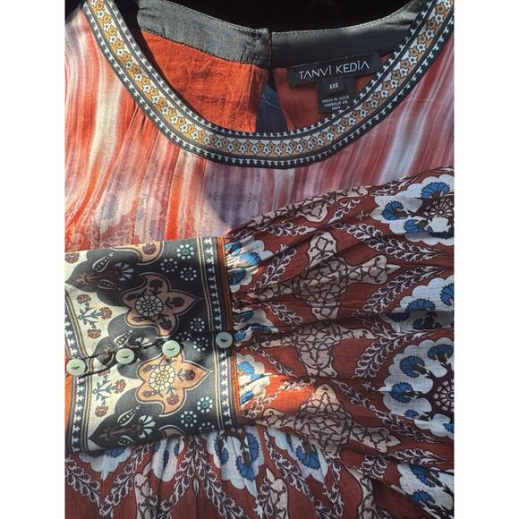 Anthropologie Dress Womens XXS Orange Silk Paisley Boho Western Tanvi Kedia - Picture 2 of 2